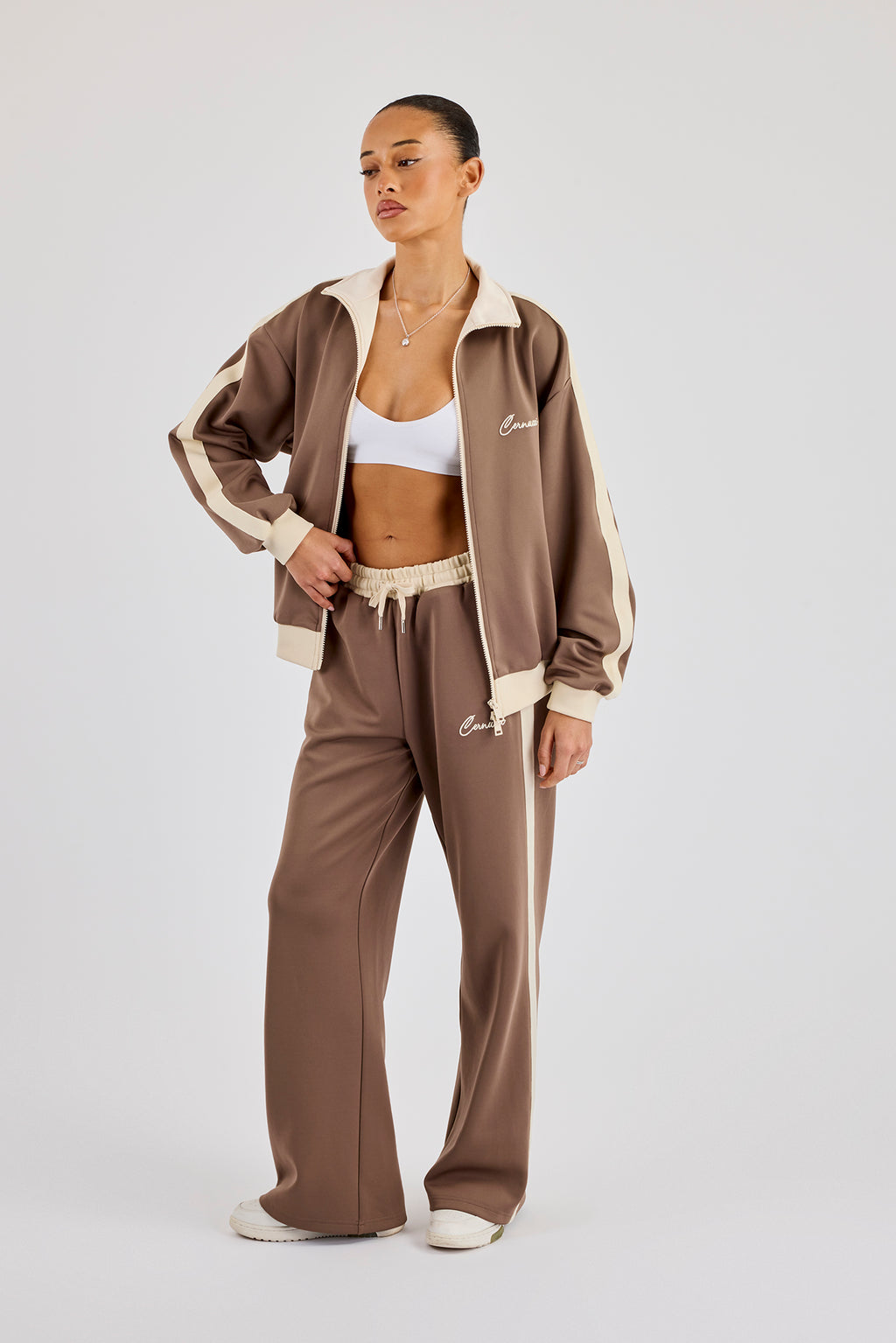 Off White Rib Contrast Panel Track Top & Pant - Taupe | Womens Sets ...