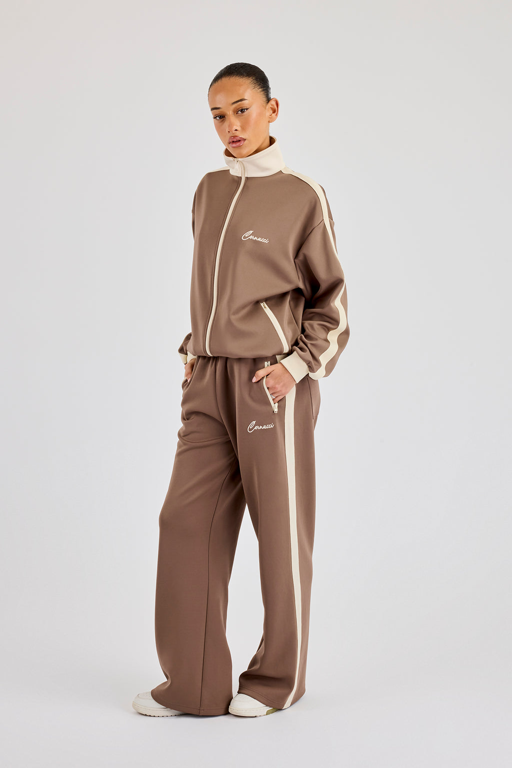 Off White Rib Contrast Panel Track Top - Taupe | Womens Outerwear ...