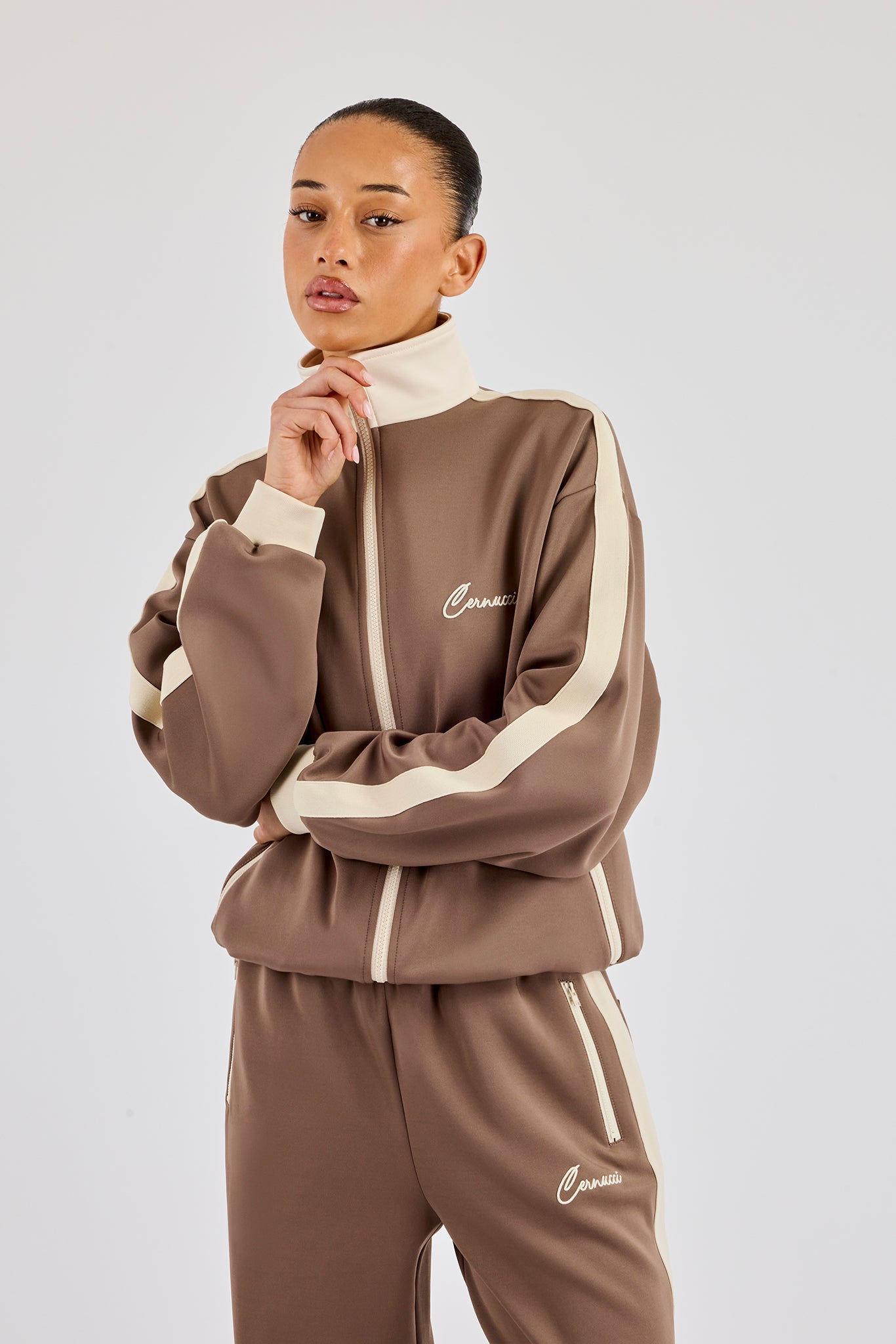 Off White Rib Contrast Panel Track Top - Taupe | Womens Outerwear ...
