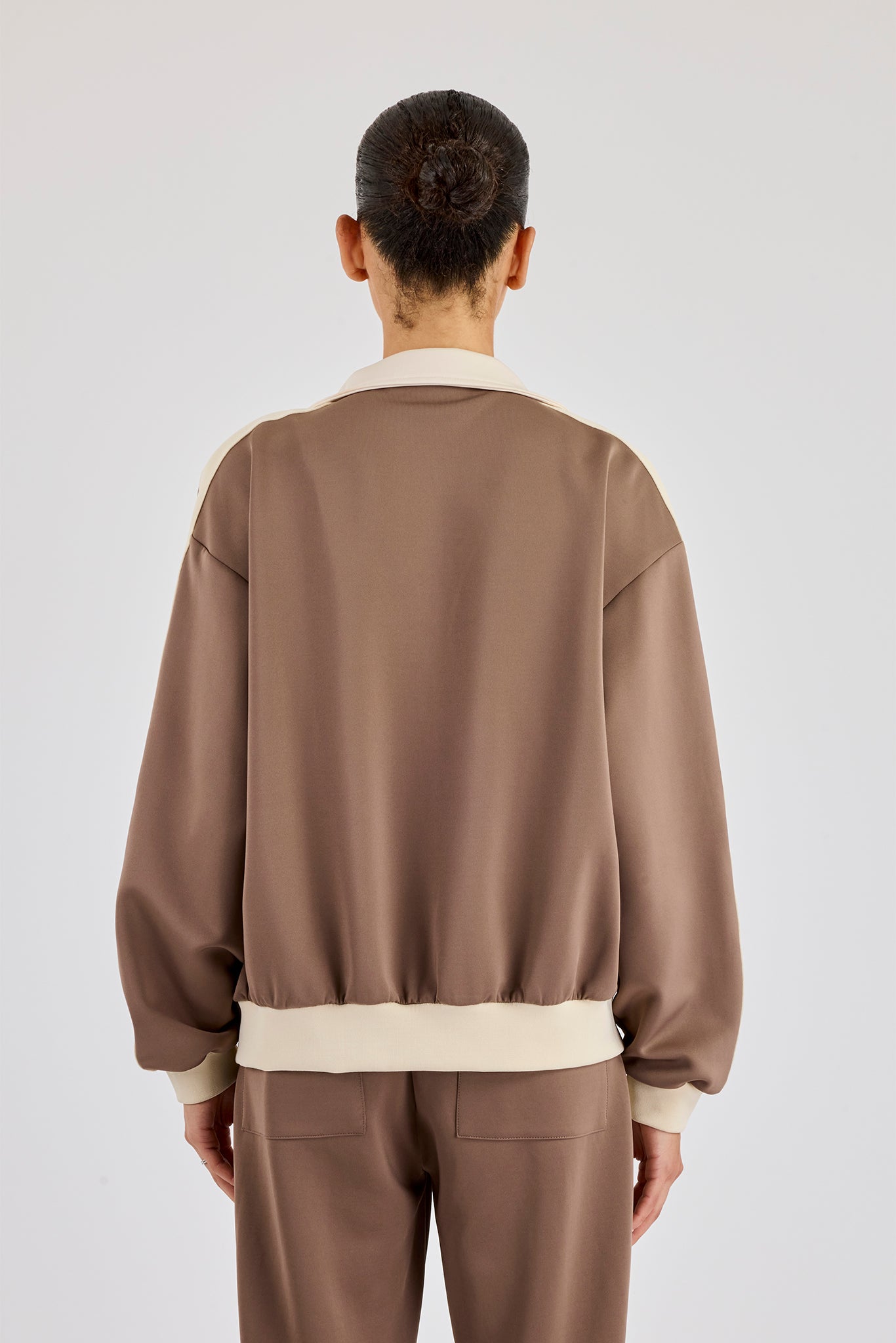 Off White Rib Contrast Panel Track Top - Taupe