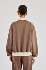Off White Rib Contrast Panel Track Top - Taupe