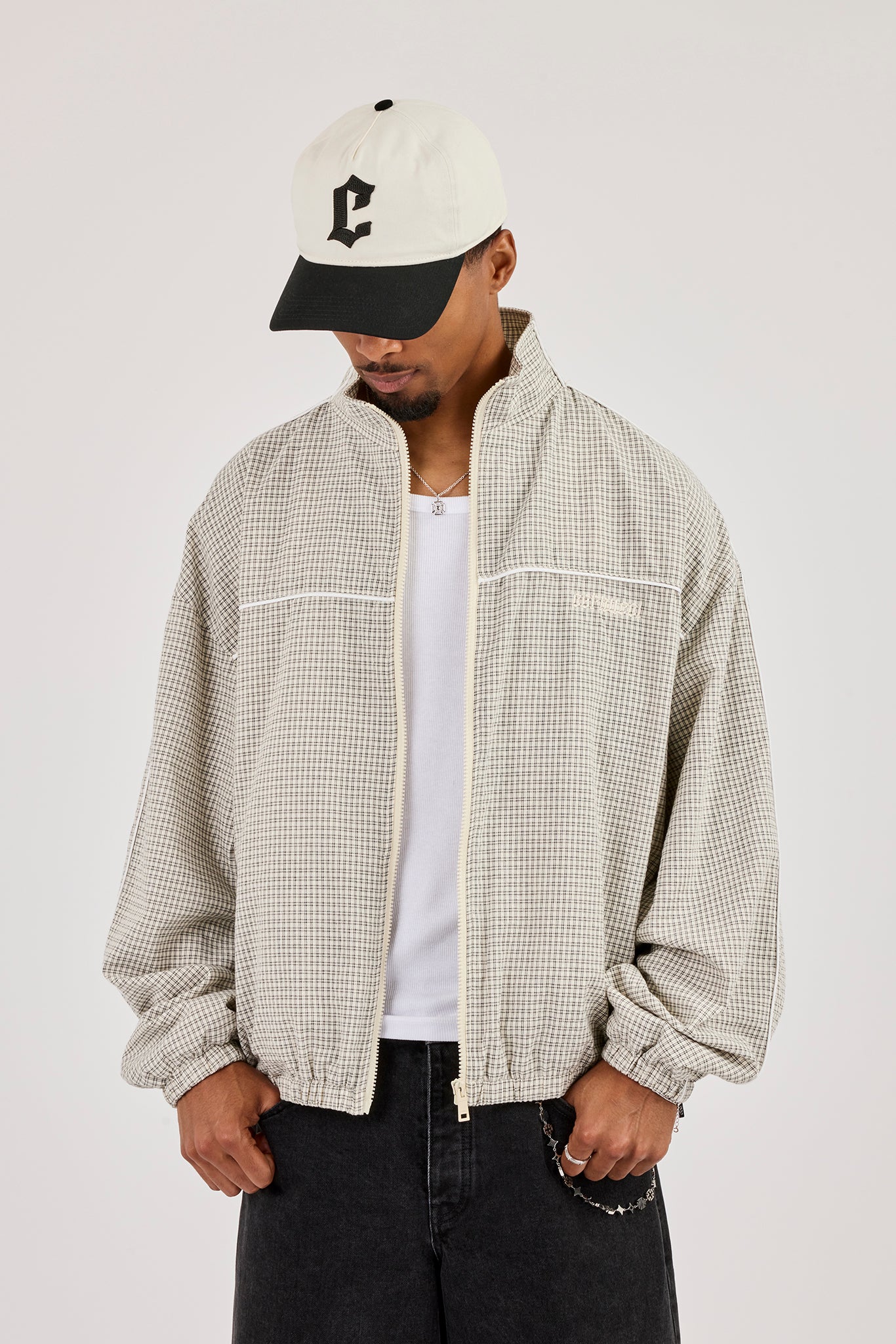 Check Funnel Neck Track Jacket With Piping - Off White