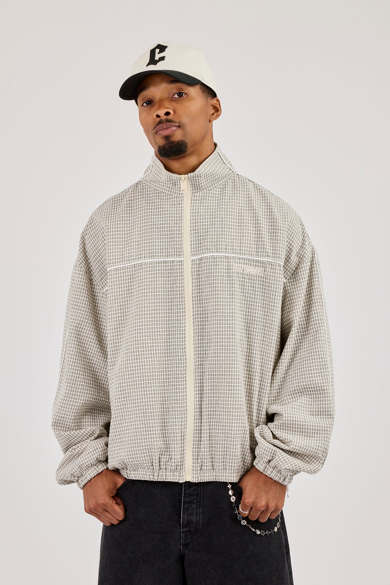 Check Funnel Neck Track Jacket With Piping - Off White | Mens