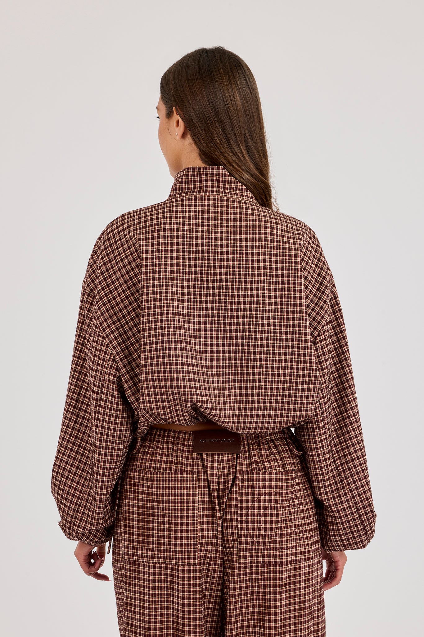Check Twill Funnel Neck Jacket - Burgundy