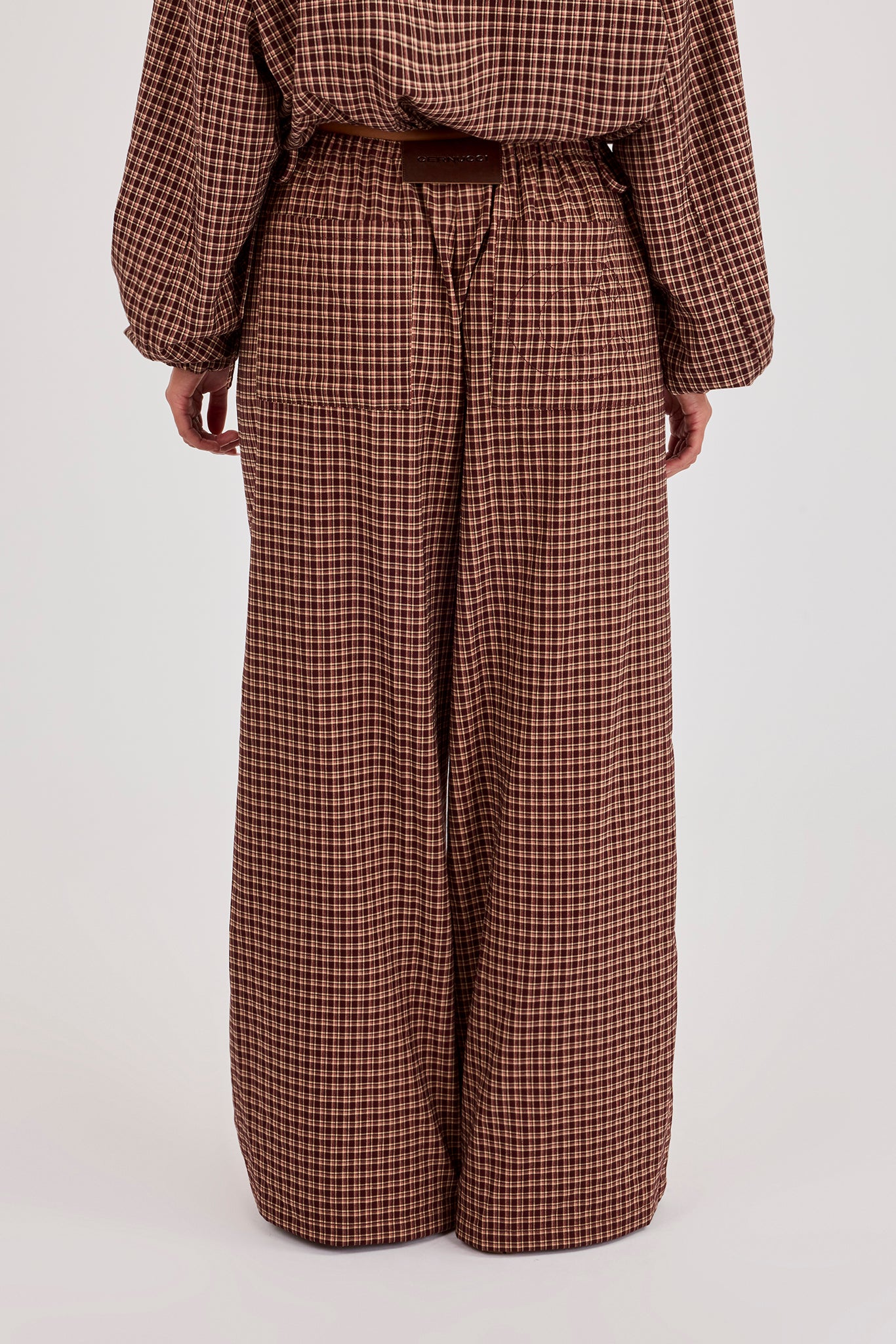 Check Twill Wide Leg Trouser - Burgundy