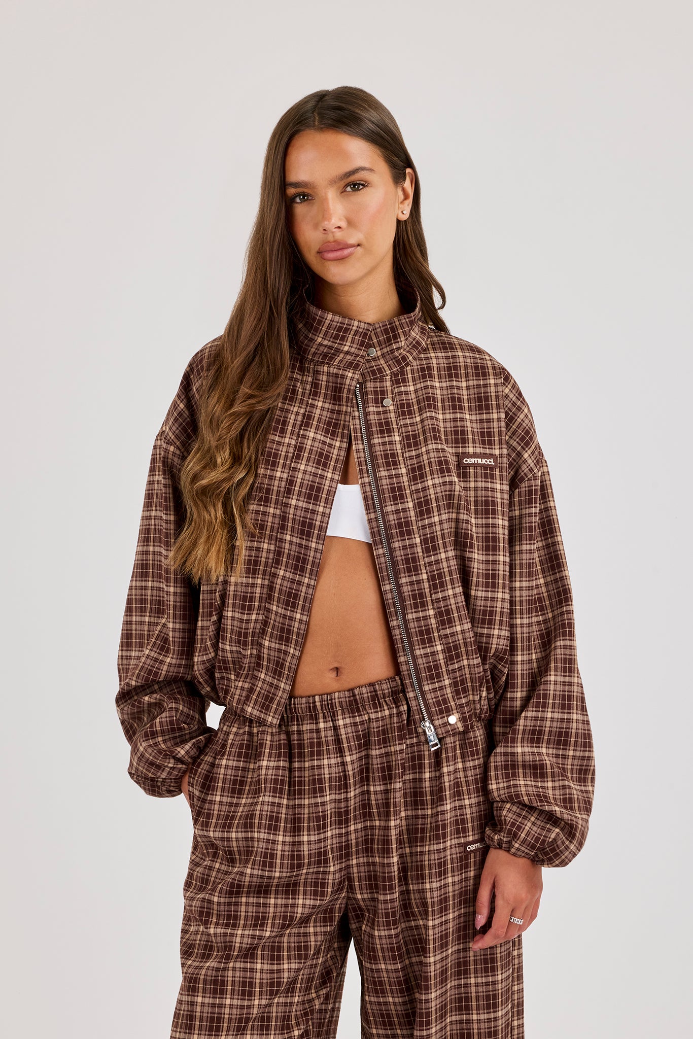 Check Twill Funnel Neck Jacket - Chocolate