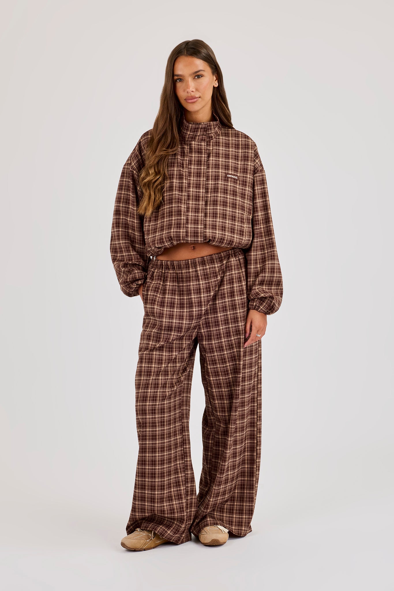 Check Twill Funnel Neck Jacket & Wide Leg Jogger - Chocolate