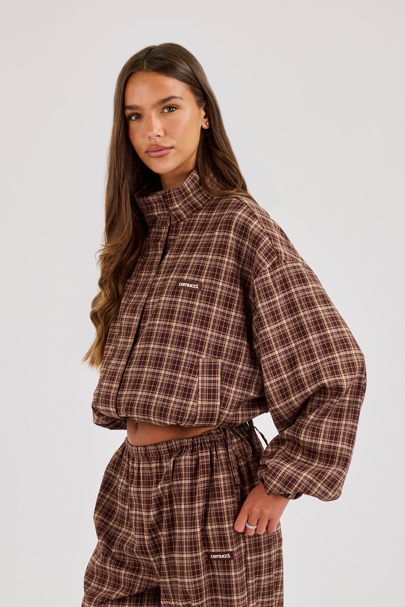 Check Twill Funnel Neck Jacket - Chocolate