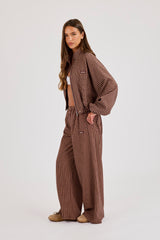 Check Twill Funnel Neck Jacket & Wide Leg Trouser - Burgundy