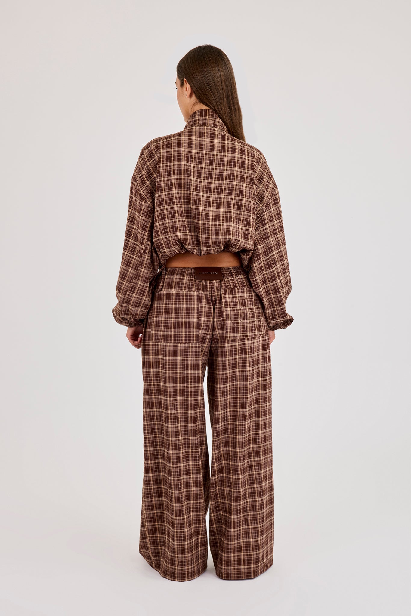 Check Twill Funnel Neck Jacket & Wide Leg Jogger - Chocolate