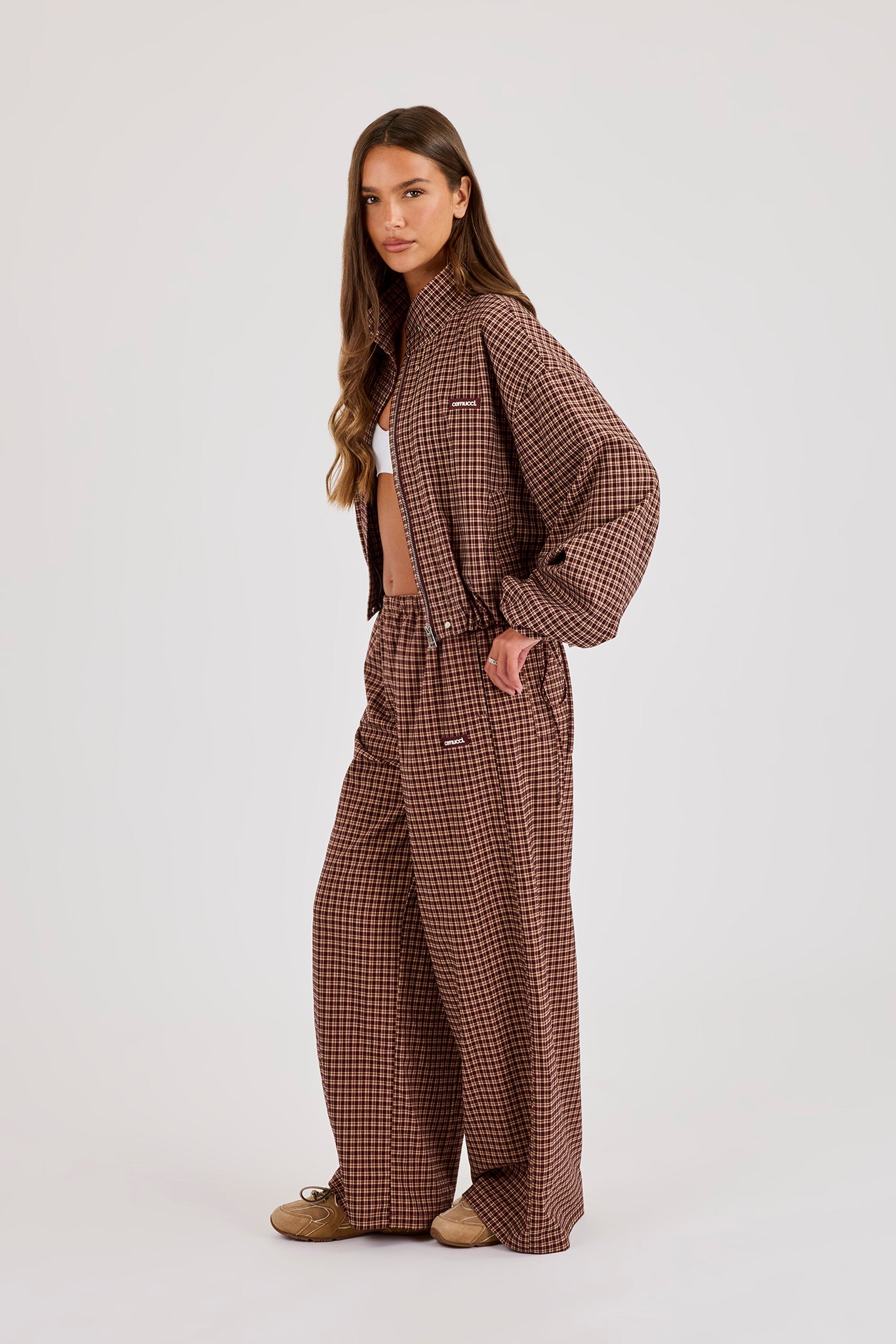 Check Twill Funnel Neck Jacket - Burgundy