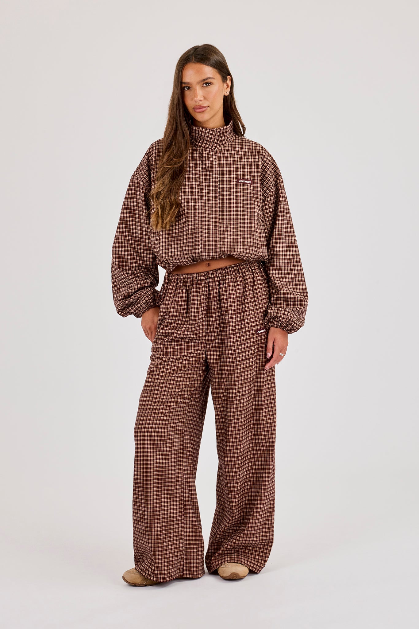 Check Twill Wide Leg Trouser - Burgundy