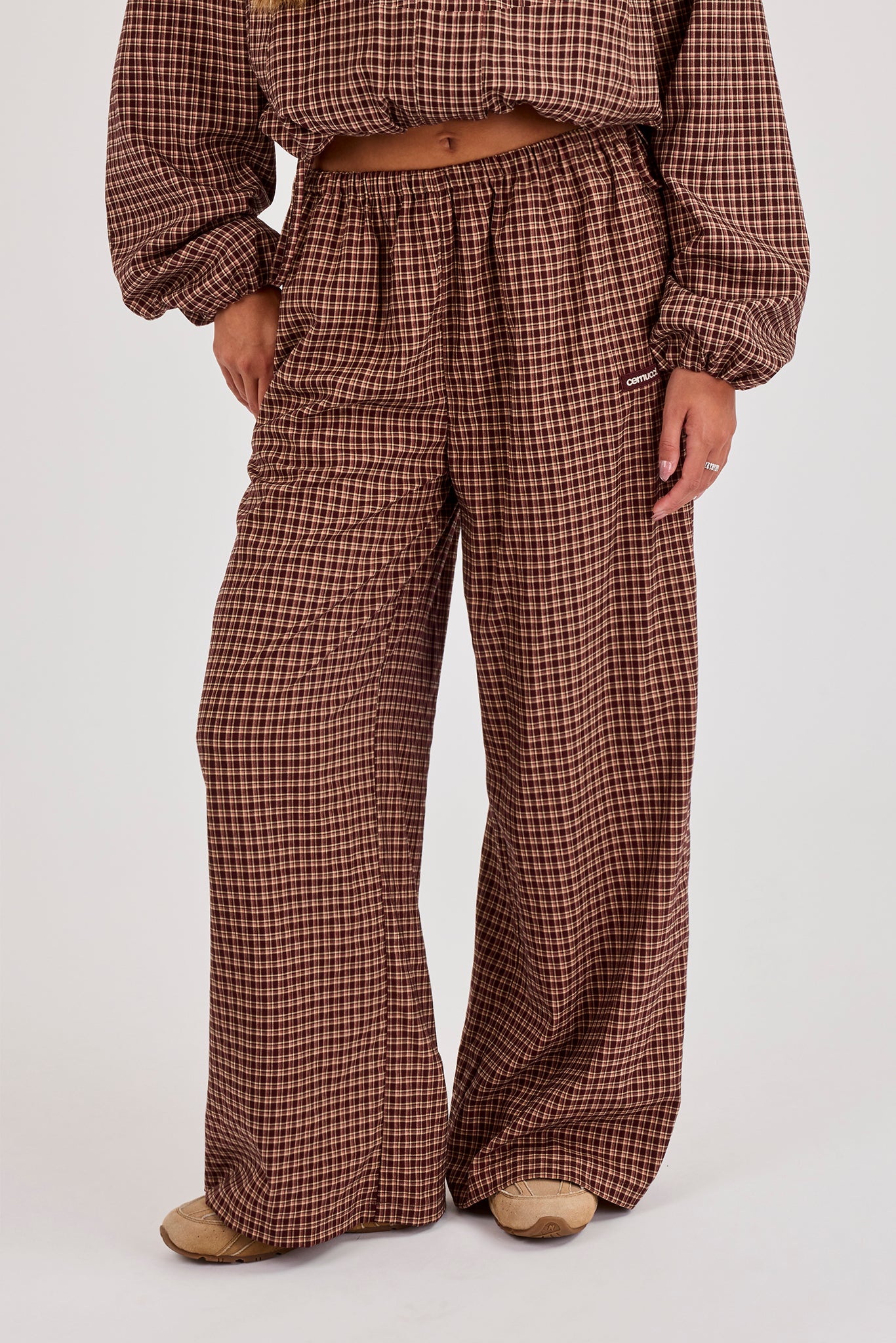 Check Twill Wide Leg Trouser - Burgundy