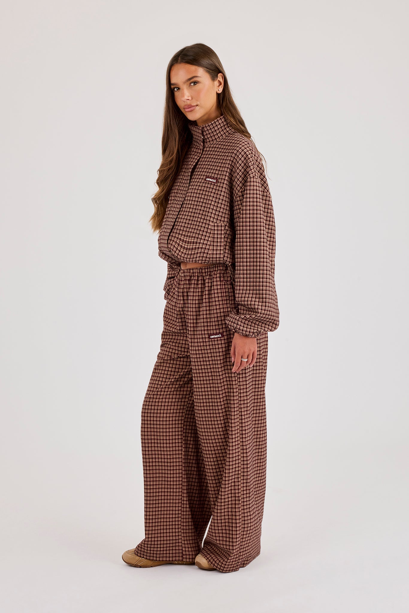 Check Twill Funnel Neck Jacket & Wide Leg Trouser - Burgundy