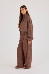 Check Twill Funnel Neck Jacket & Wide Leg Trouser - Burgundy