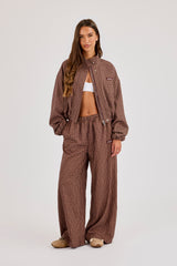 Check Twill Funnel Neck Jacket & Wide Leg Trouser - Burgundy