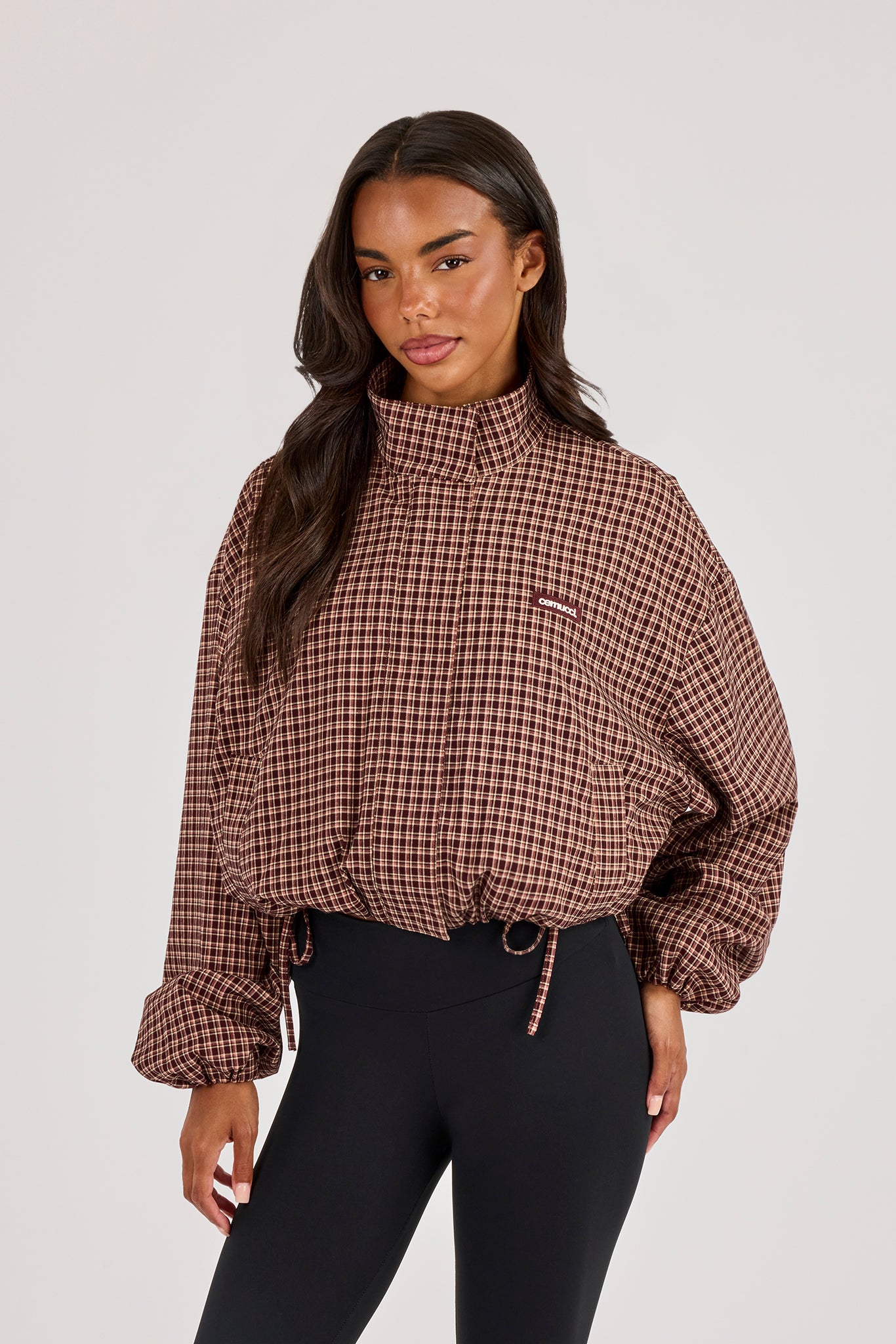 Check Twill Funnel Neck Jacket - Burgundy