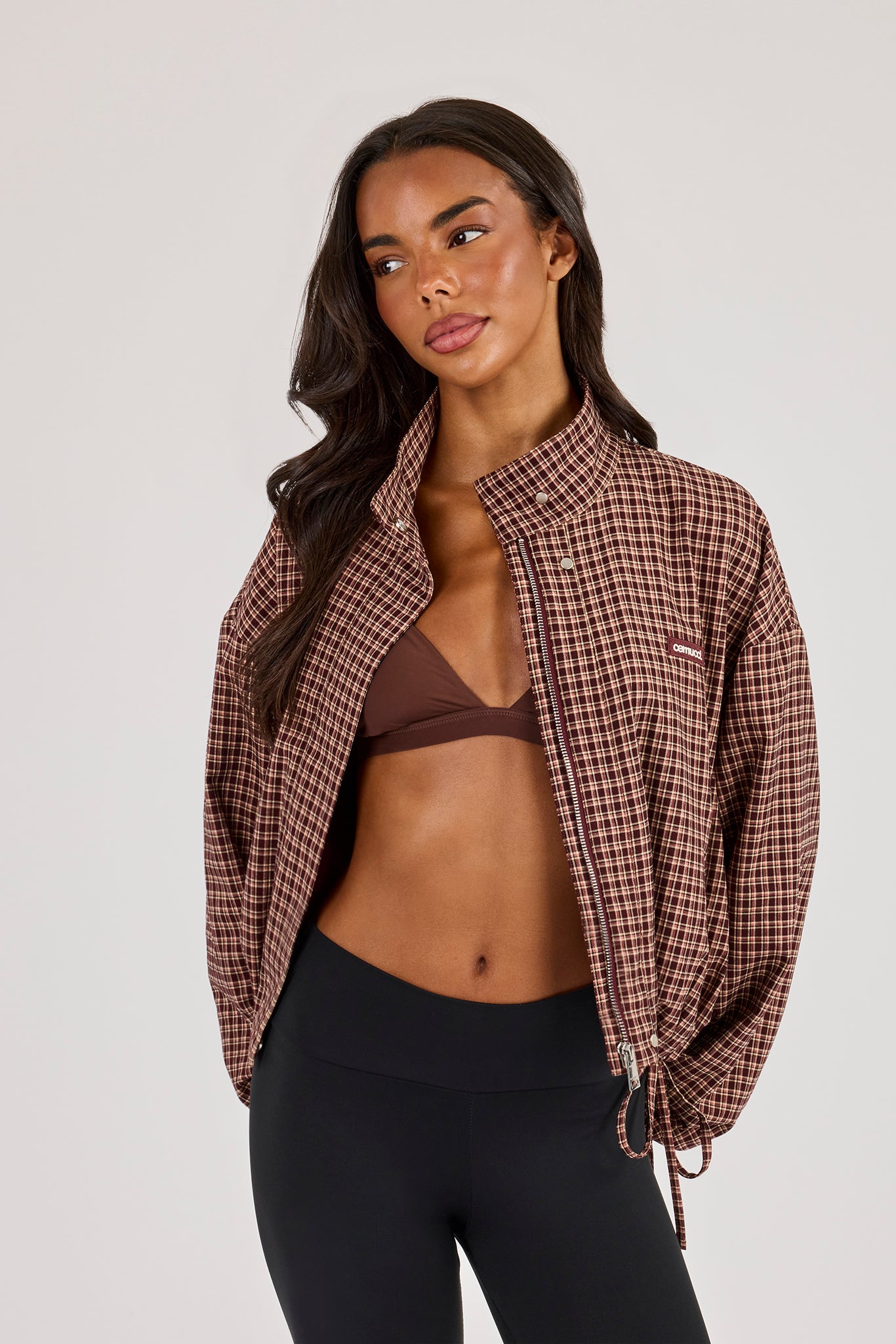 Check Twill Funnel Neck Jacket - Burgundy