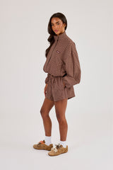 Check Twill Funnel Neck Jacket & Short - Burgundy