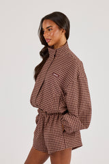 Check Twill Funnel Neck Jacket - Burgundy