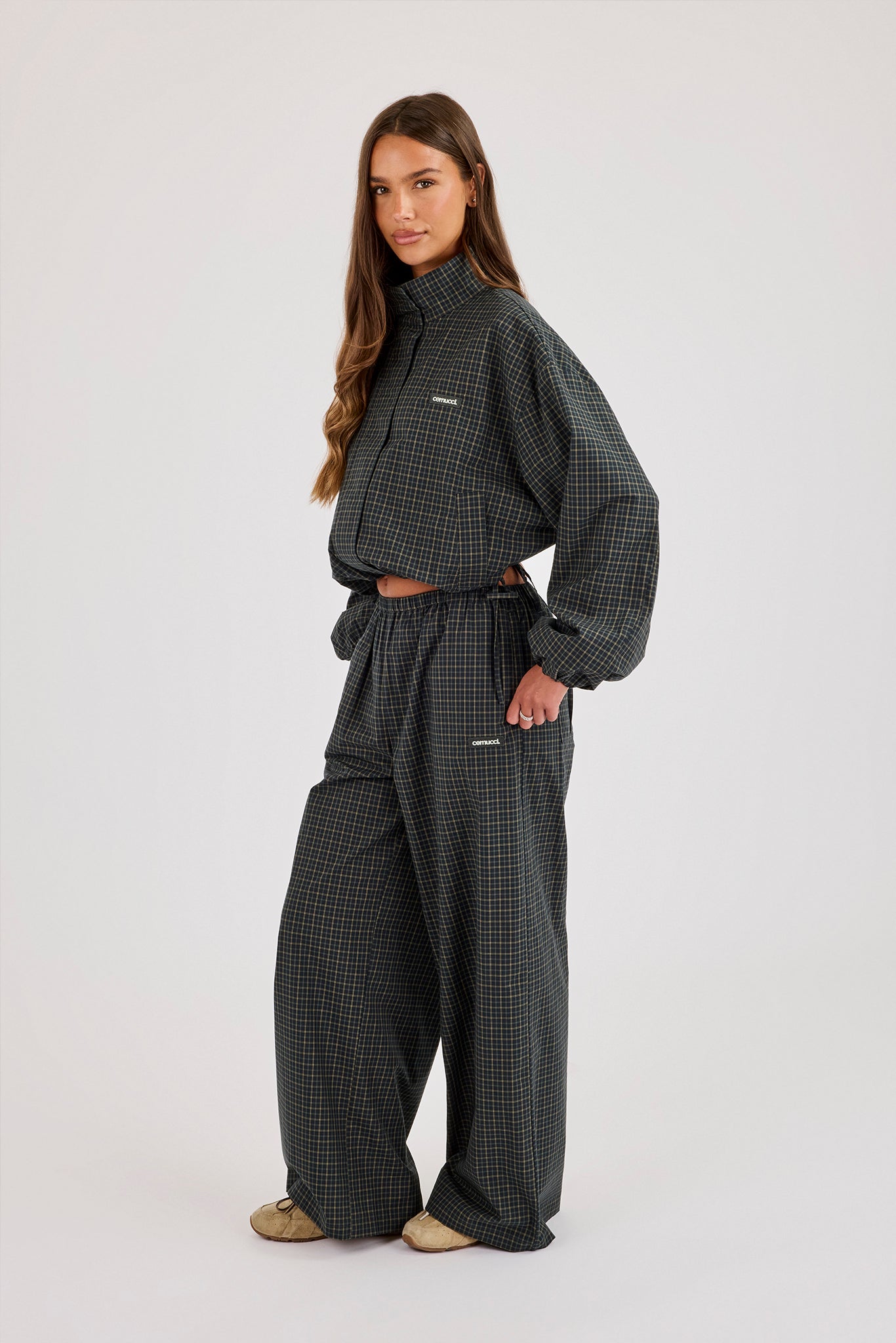 Check Twill Funnel Neck Jacket & Wide Leg Trouser - Dark Green