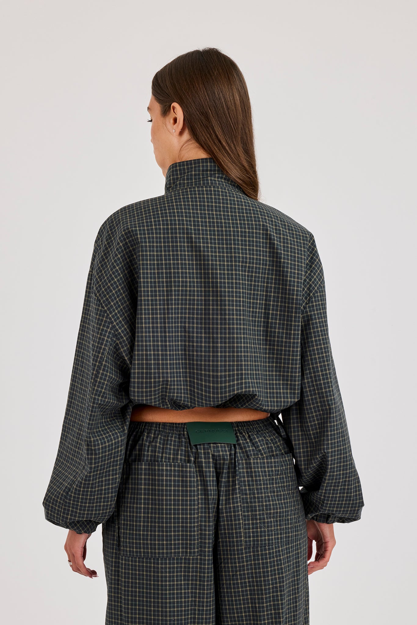 Check Twill Funnel Neck Jacket - Dark Green