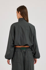 Check Twill Funnel Neck Jacket - Dark Green