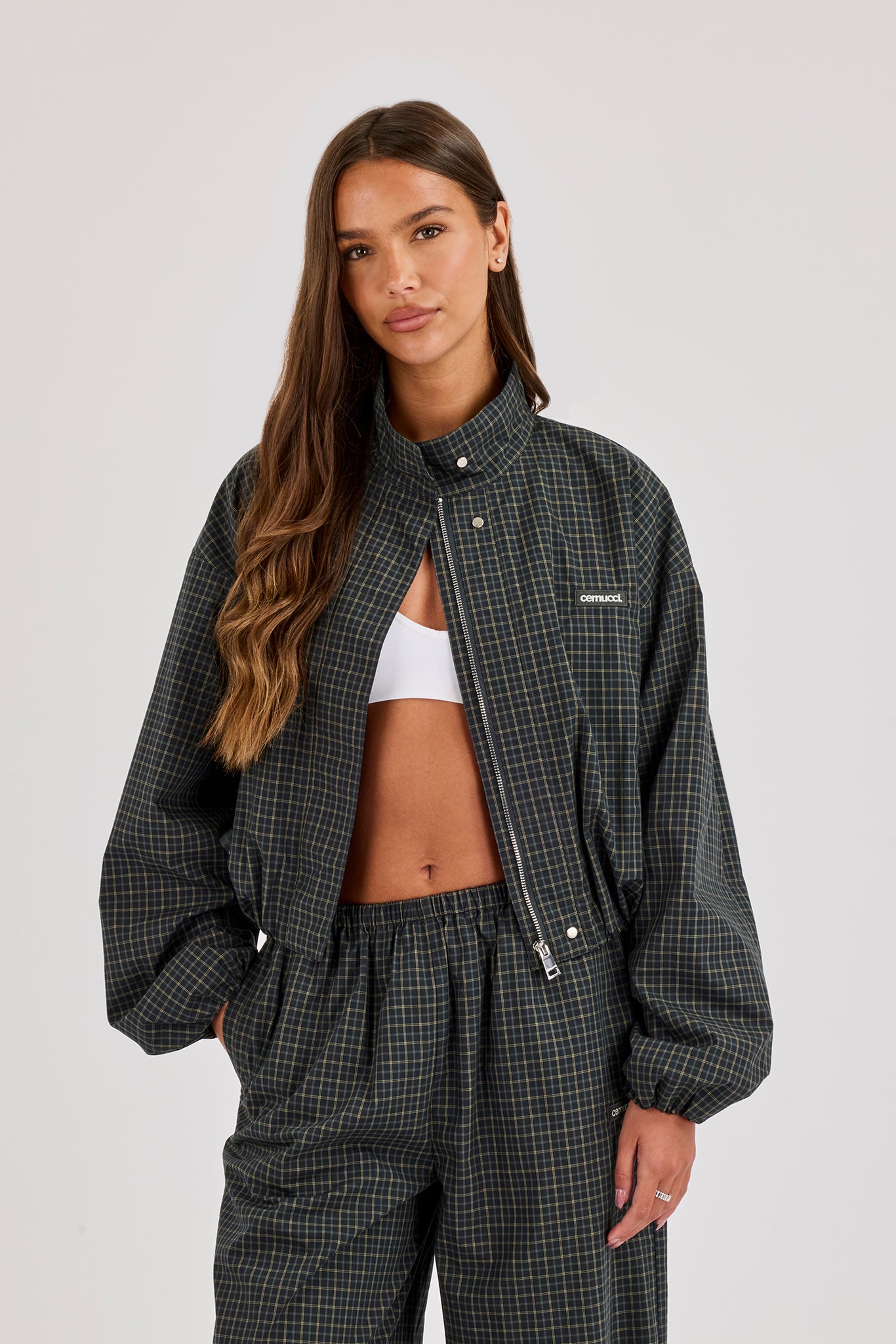 Check Twill Funnel Neck Jacket - Dark Green