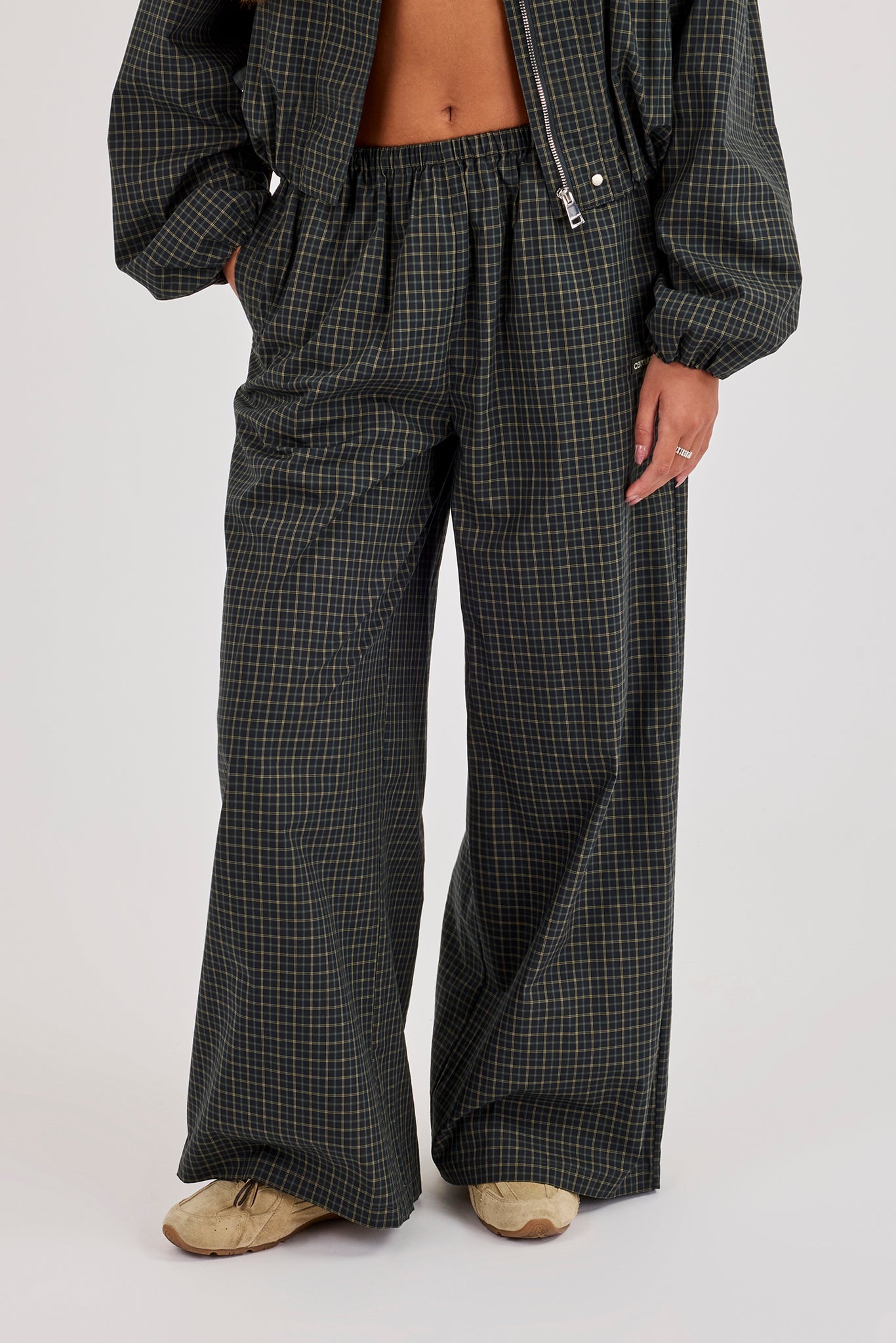Check Wide Leg Trouser - Dark Green
