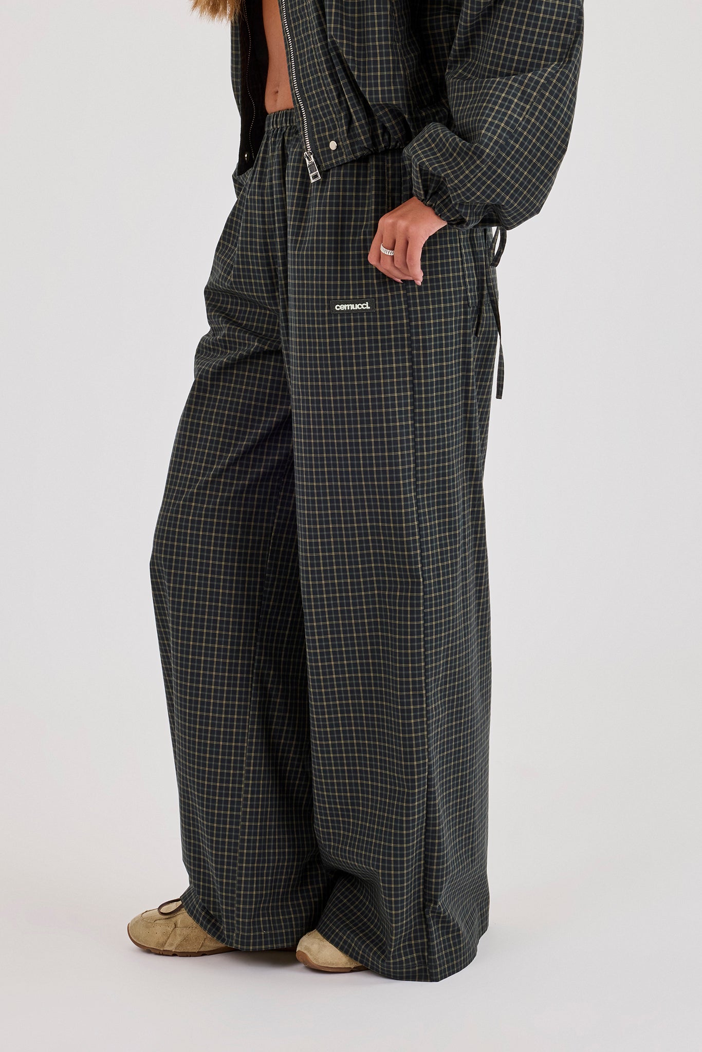 Check Wide Leg Trouser - Dark Green