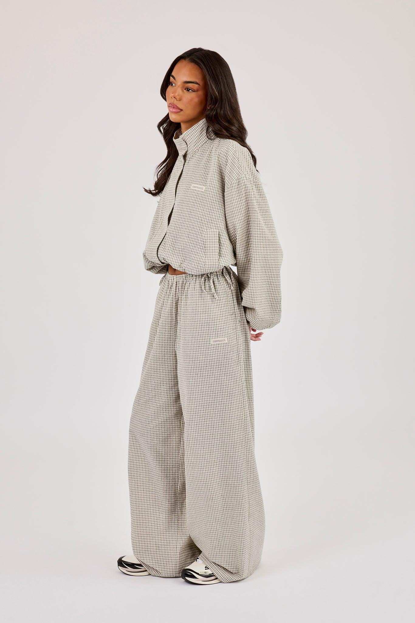 Check Twill Funnel Neck Jacket & Wide Leg Trouser – Off White