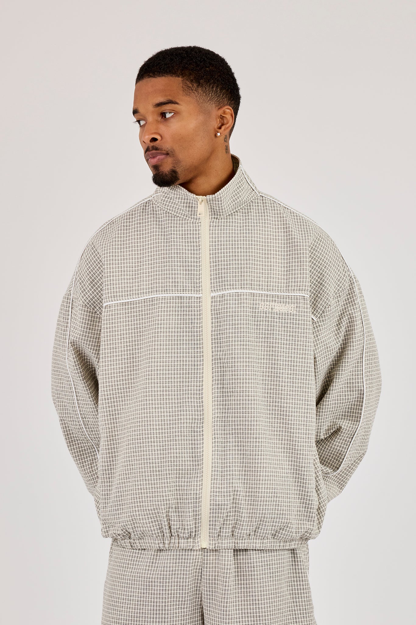 Check Funnel Neck Track Jacket With Piping - Off White