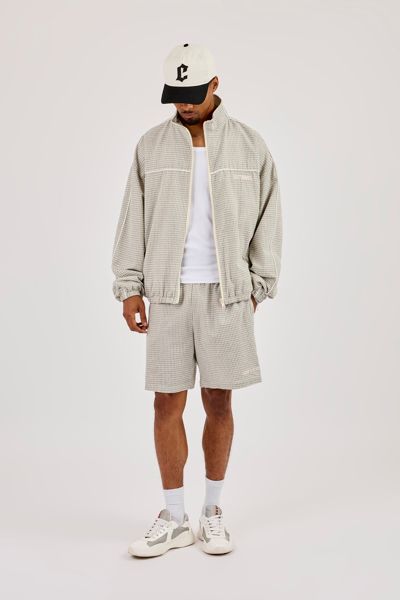 Check Funnel Neck Track Jacket & Short With Piping - Off White