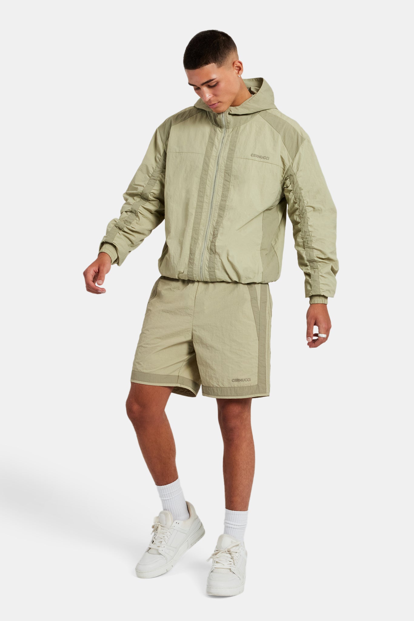 Nylon Colour Block Zip Through & Short Set - Light Khaki | Mens