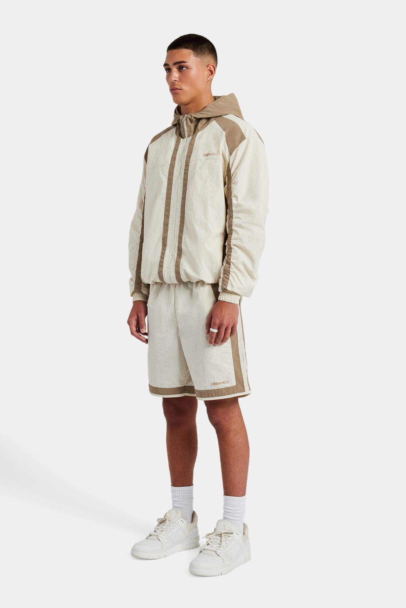 Nylon Colour Block Zip Through & Short Set - Off White