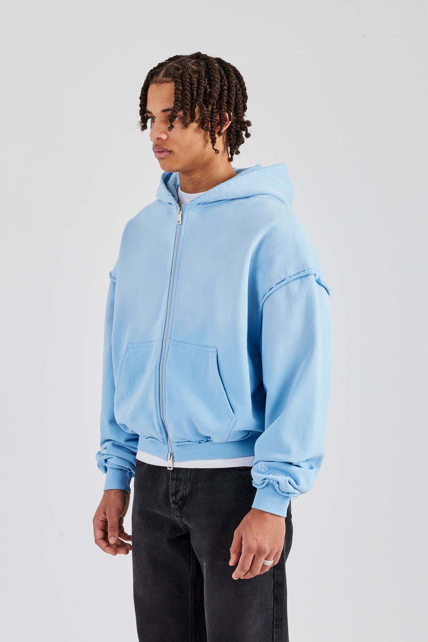 Boxy Washed Raw Edge Zip Through Hoodie - Hellblau