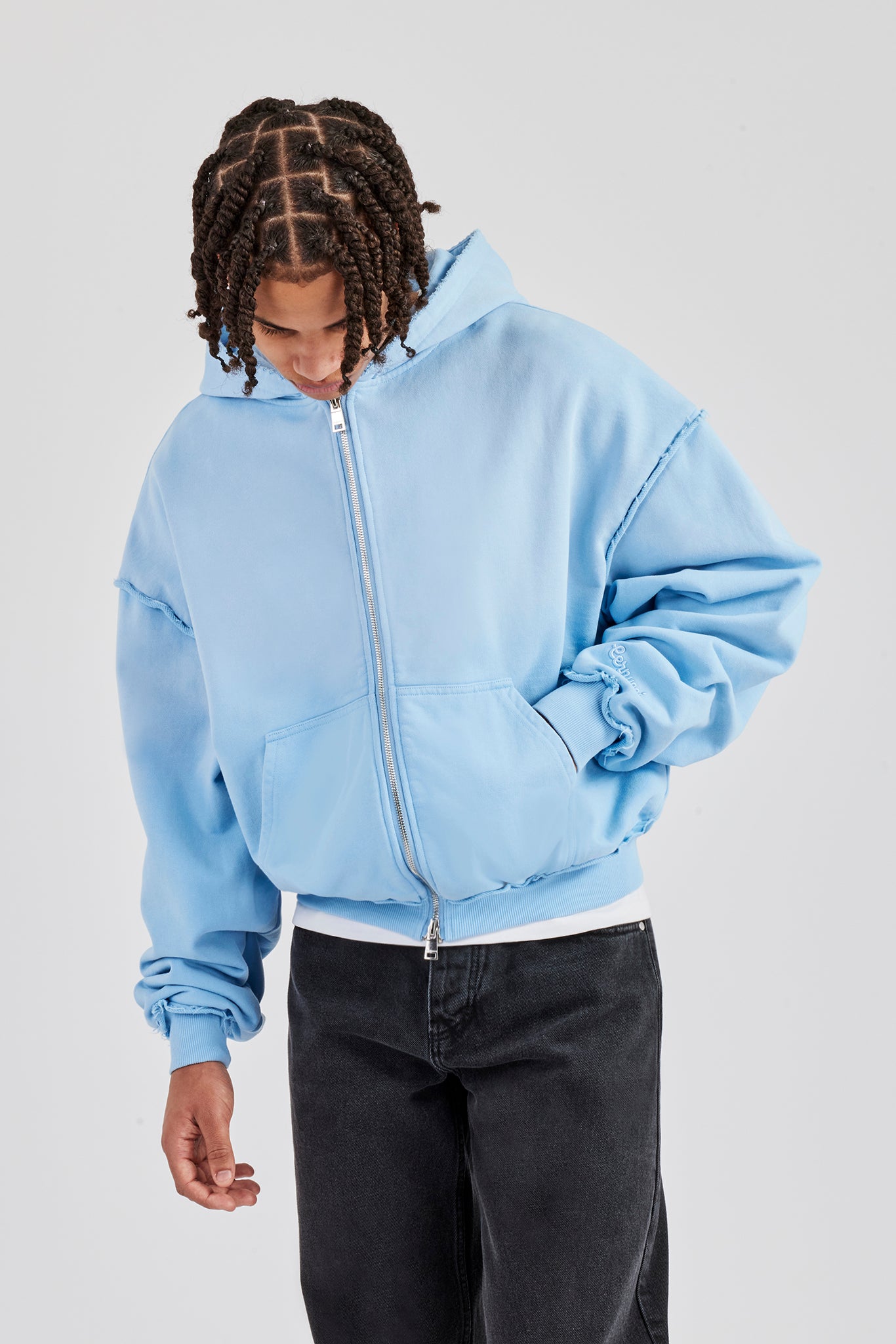 Boxy Washed Raw Edge Zip Through Hoodie - Hellblau