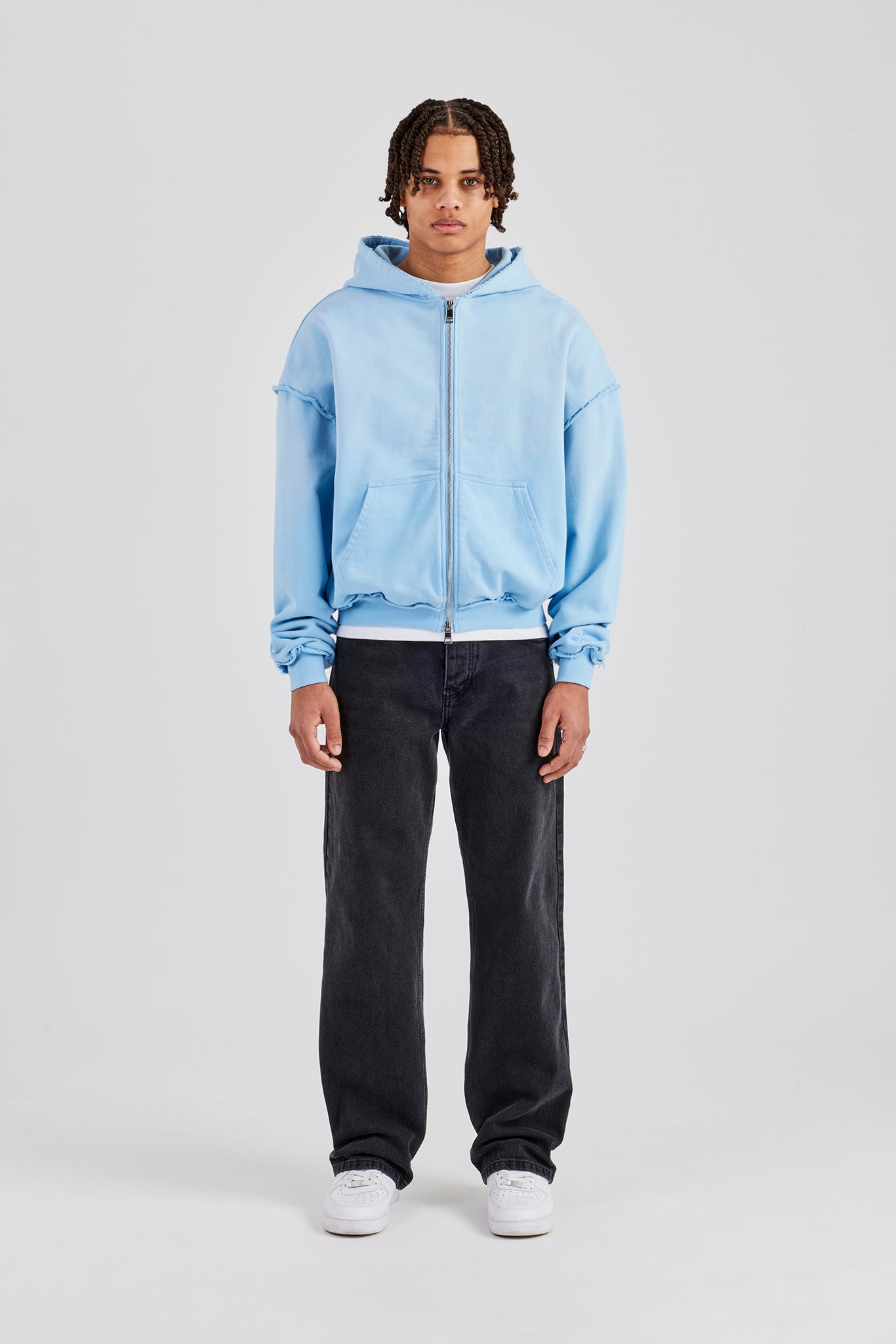 Boxy Washed Raw Edge Zip Through Hoodie - Hellblau