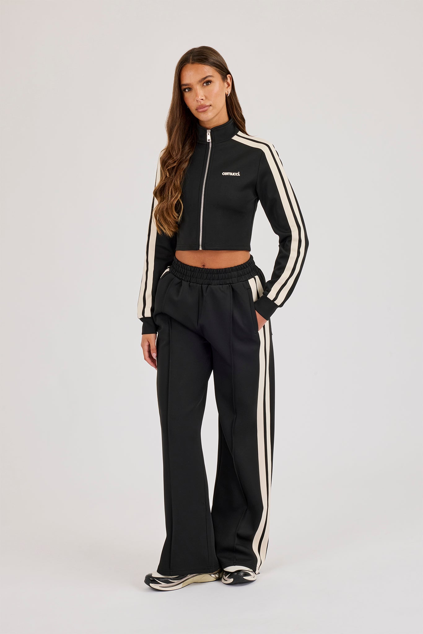 Fitted Taping Track Top & Wide Leg Track Pant - Black