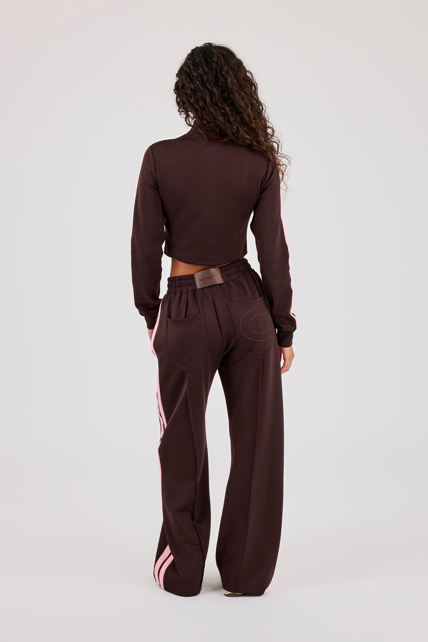 Fitted Pink Taping Track Top & Wide Leg Jogger - Chocolate