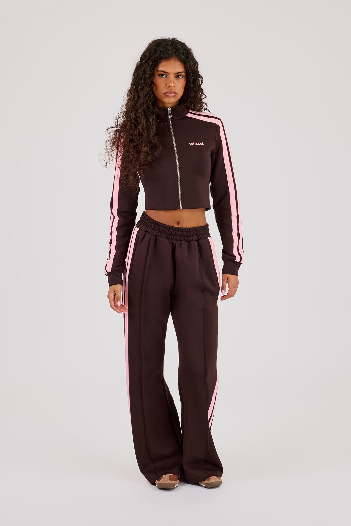 Fitted Pink Taping Track Top & Wide Leg Jogger - Chocolate