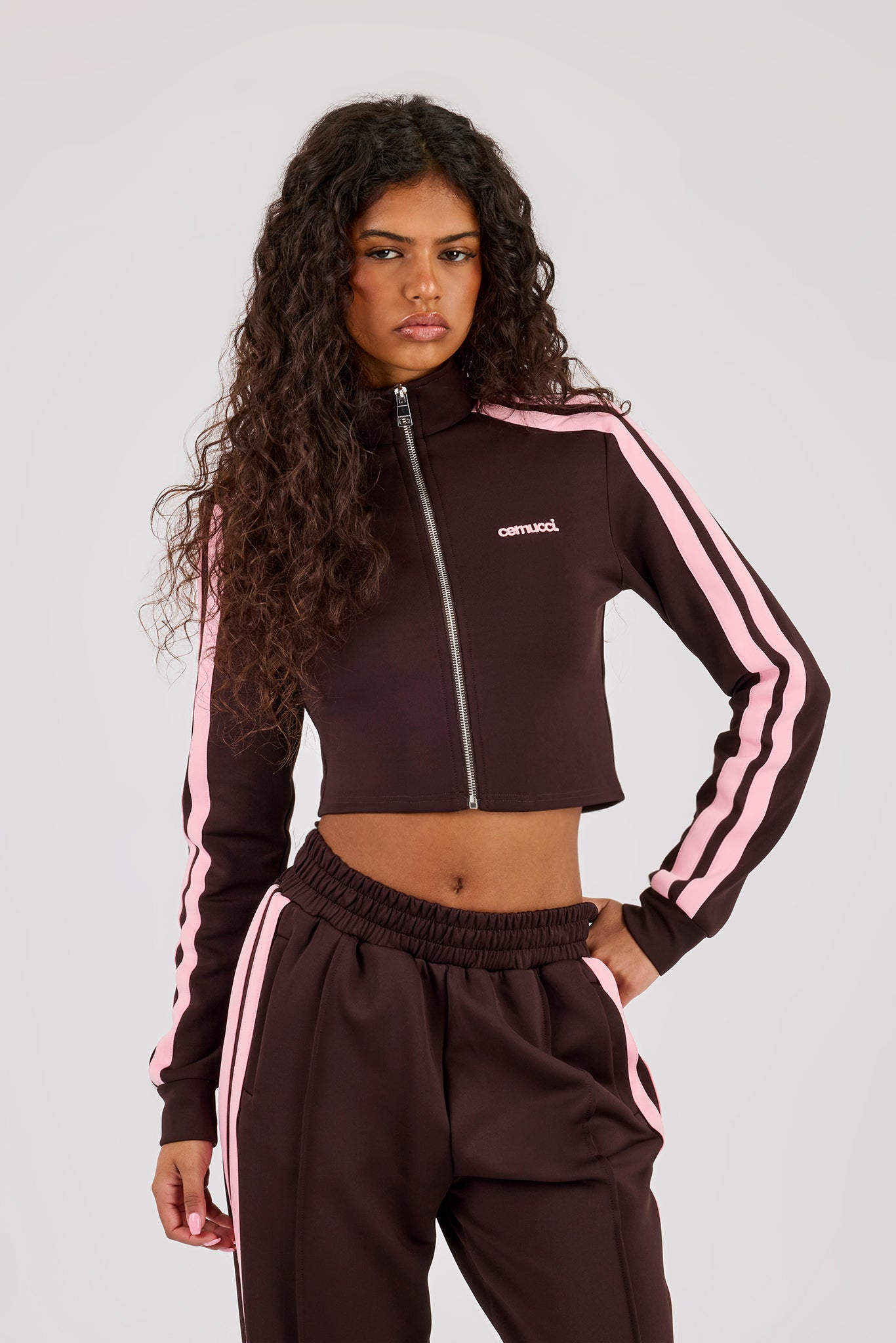 Fitted Pink Taping Track Top - Chocolate