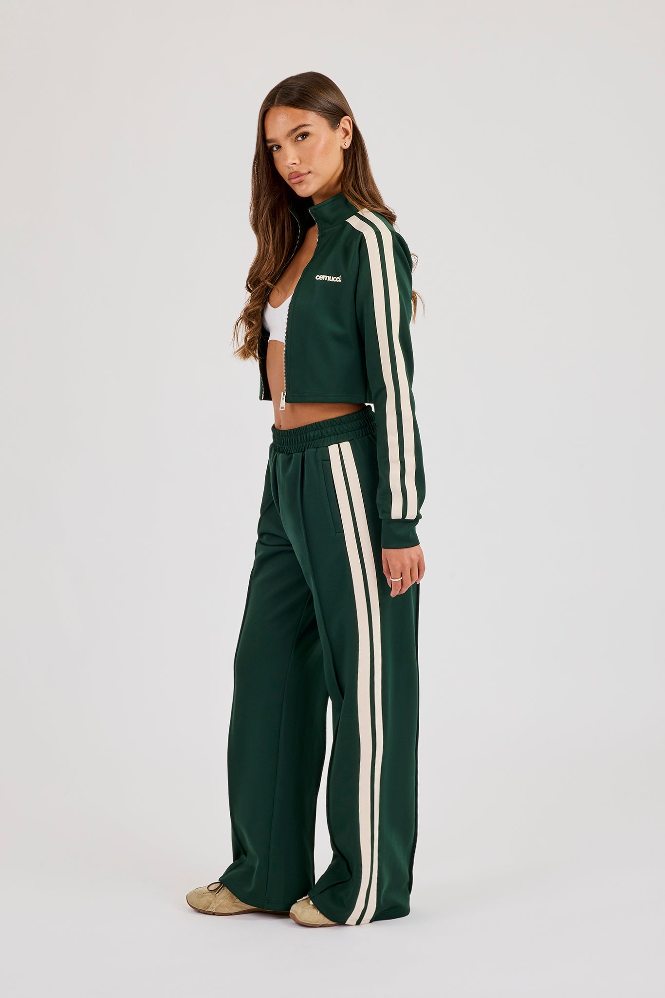 Fitted Taping Track Top & Wide Leg Track Pant - Forest Green