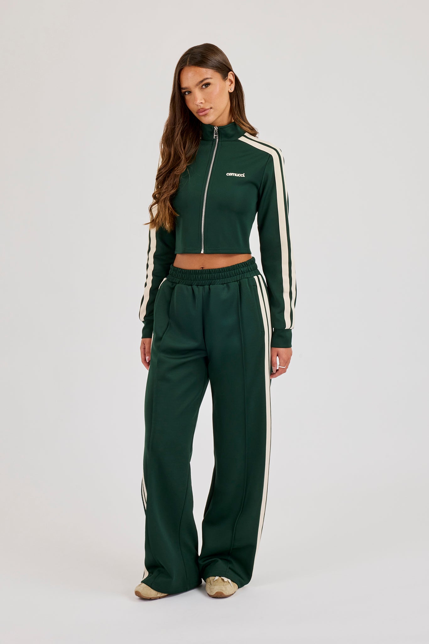 Fitted Taping Track Top & Wide Leg Track Pant - Forest Green