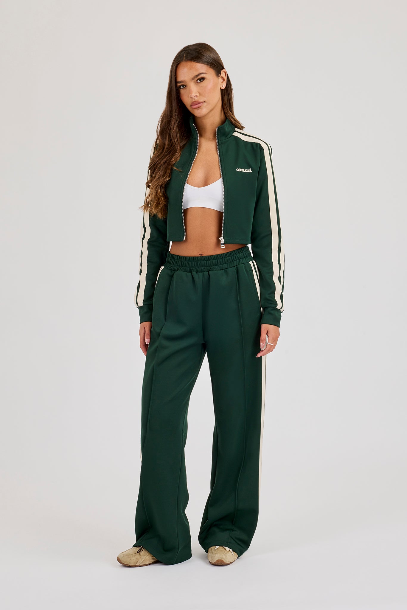 Fitted Taping Track Top & Wide Leg Track Pant - Forest Green