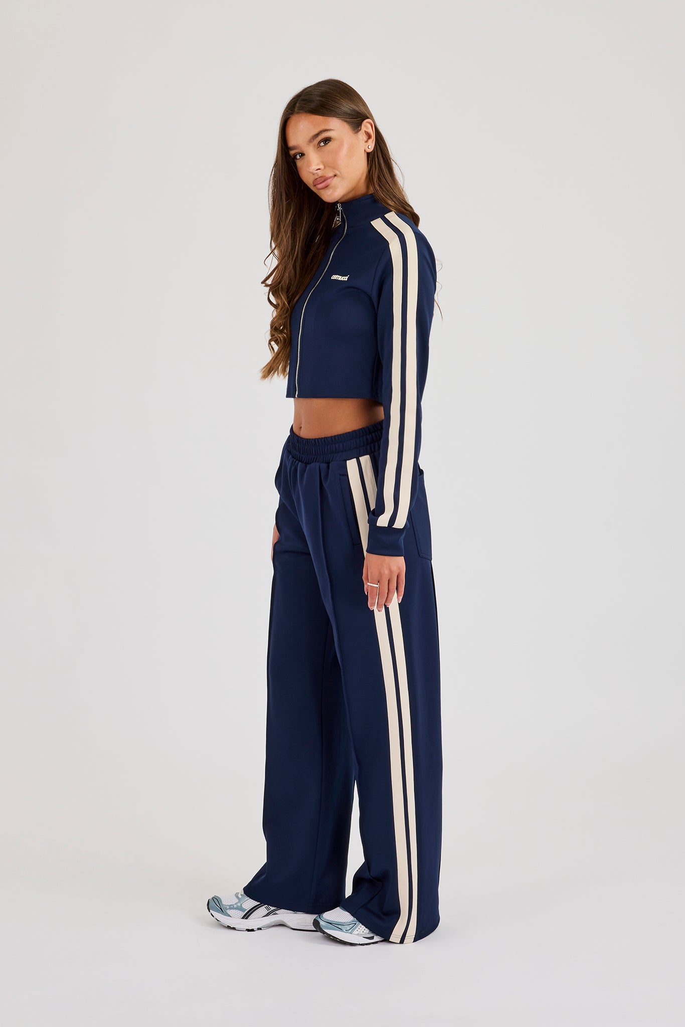 Fitted Taping Track Top & Wide Leg Track Pant - Navy Blue