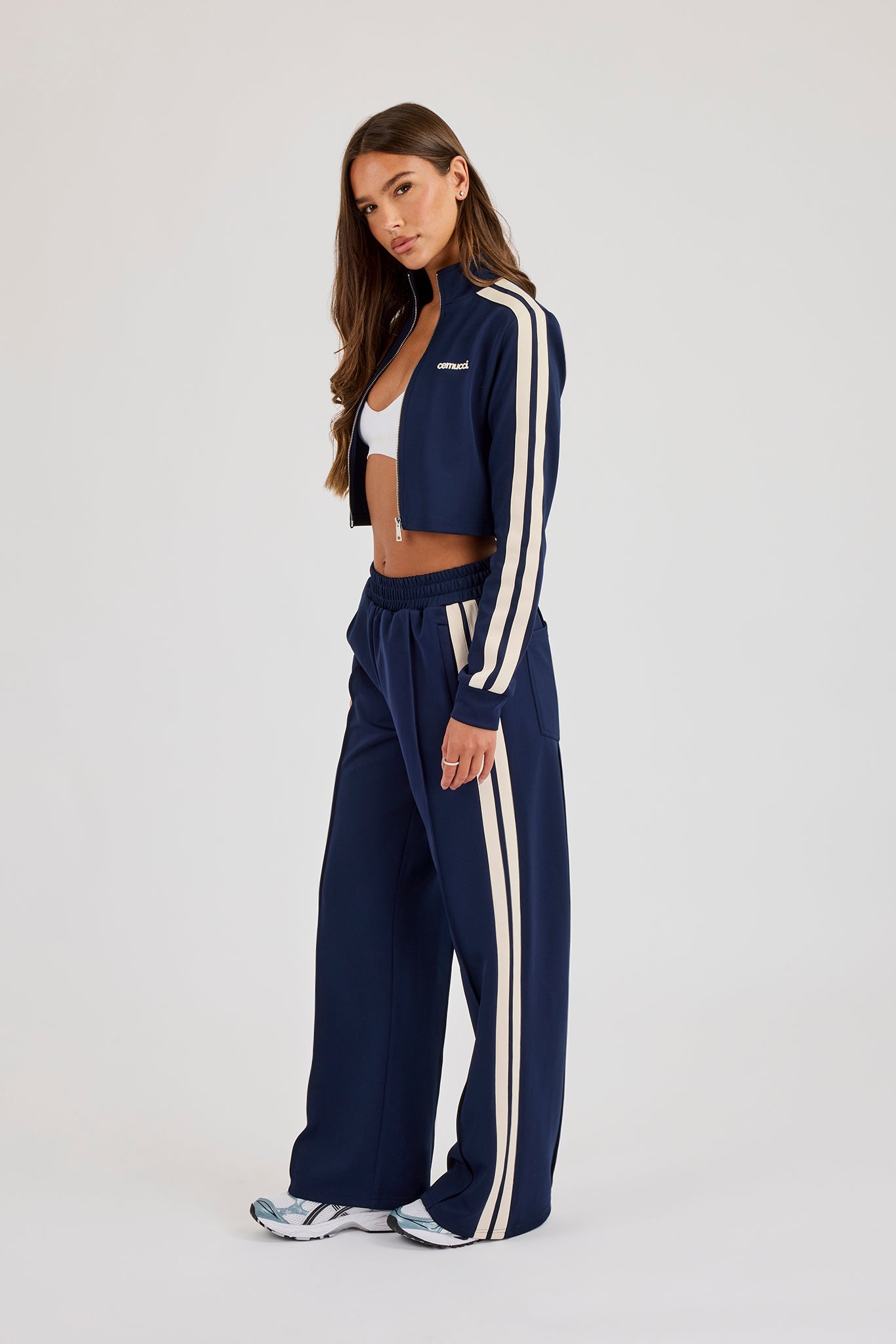 Fitted Taping Track Top & Wide Leg Track Pant - Navy Blue