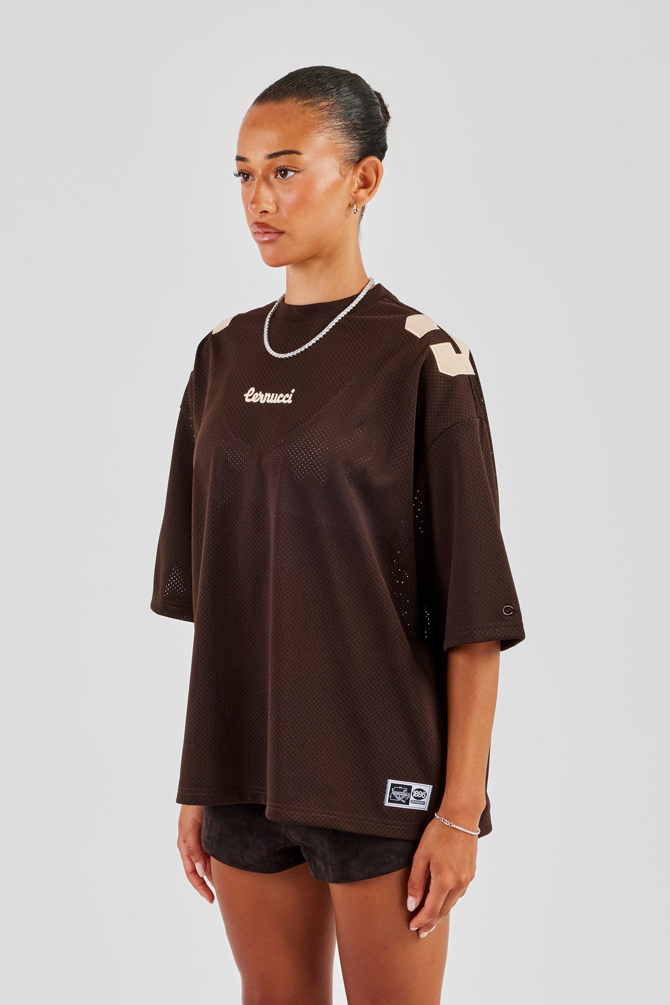 Mesh Denim Applique Football Top - Chocolate