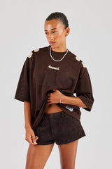 Mesh Denim Applique Football Top - Chocolate