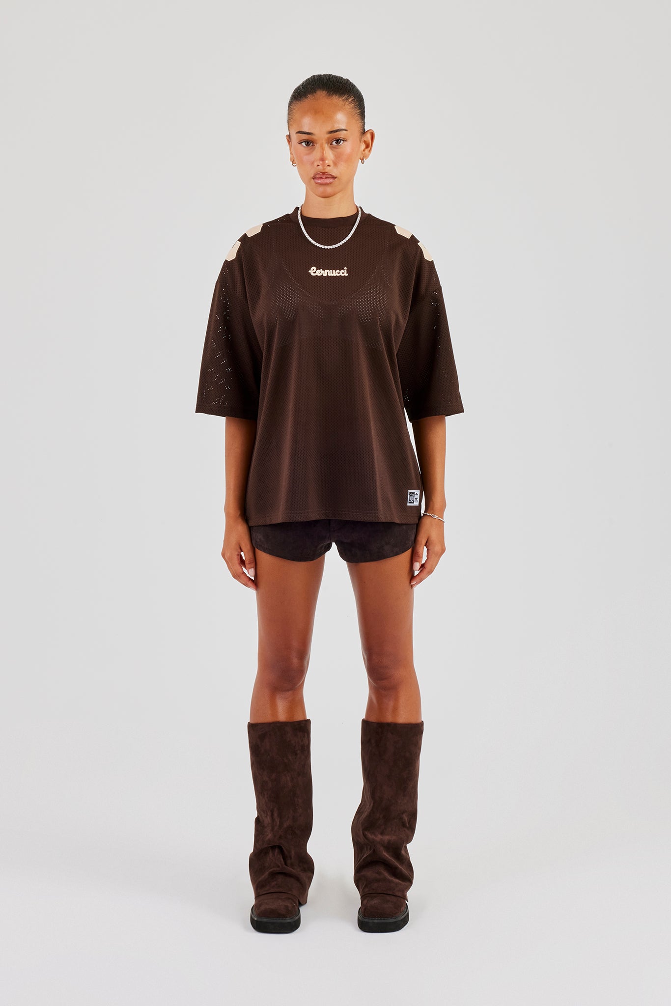 Mesh Denim Applique Football Top - Chocolate